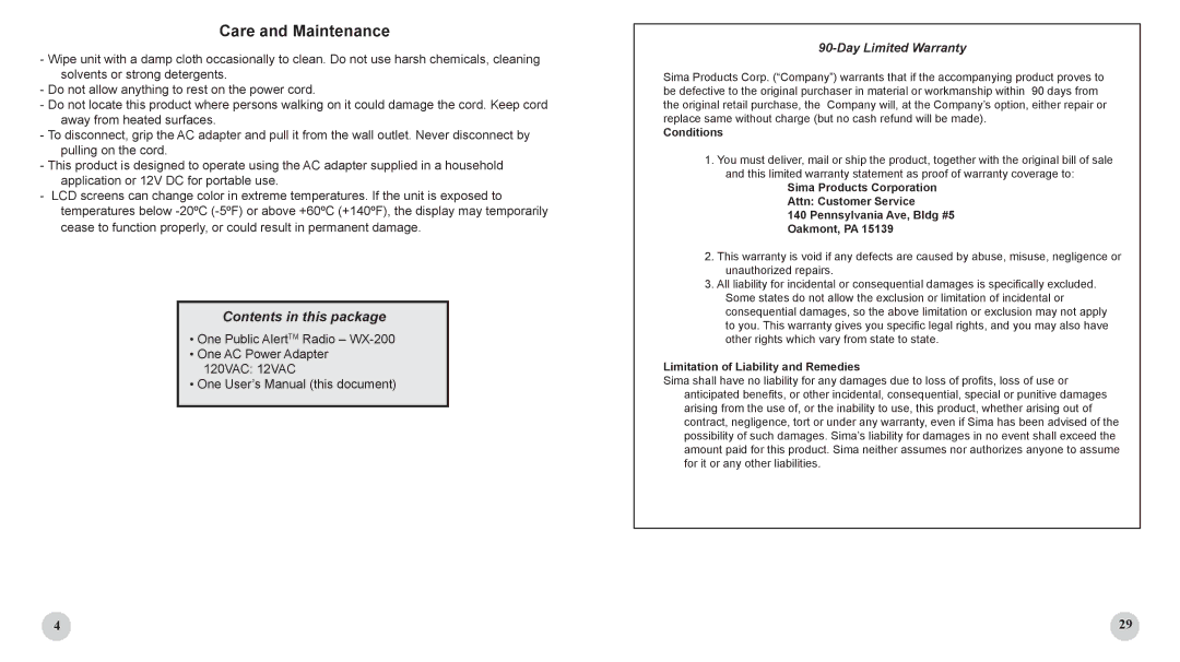 Sima Products WX-200 user manual Care and Maintenance, Contents in this package 