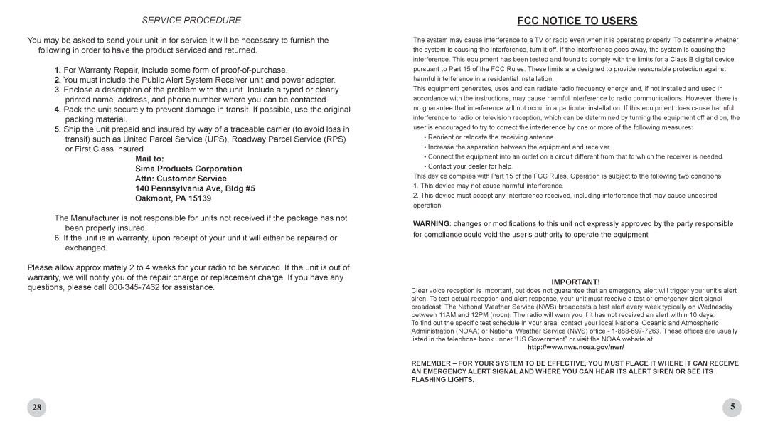 Sima Products WX-200 user manual FCC Notice to Users, Service Procedure 