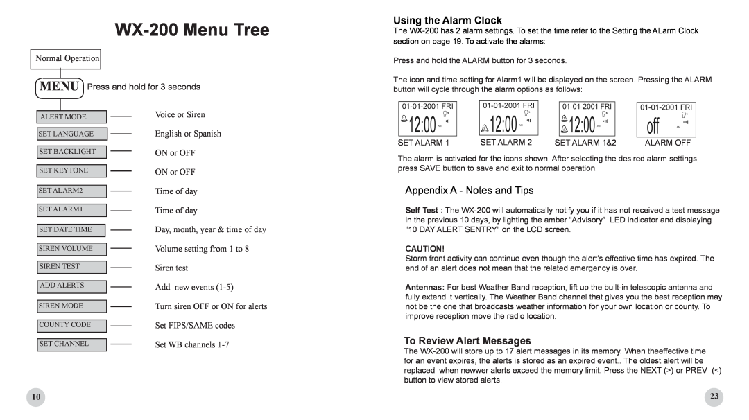 Sima Products WX-200Menu Tree, Using the Alarm Clock, To Review Alert Messages, Normal Operation, Add new events 
