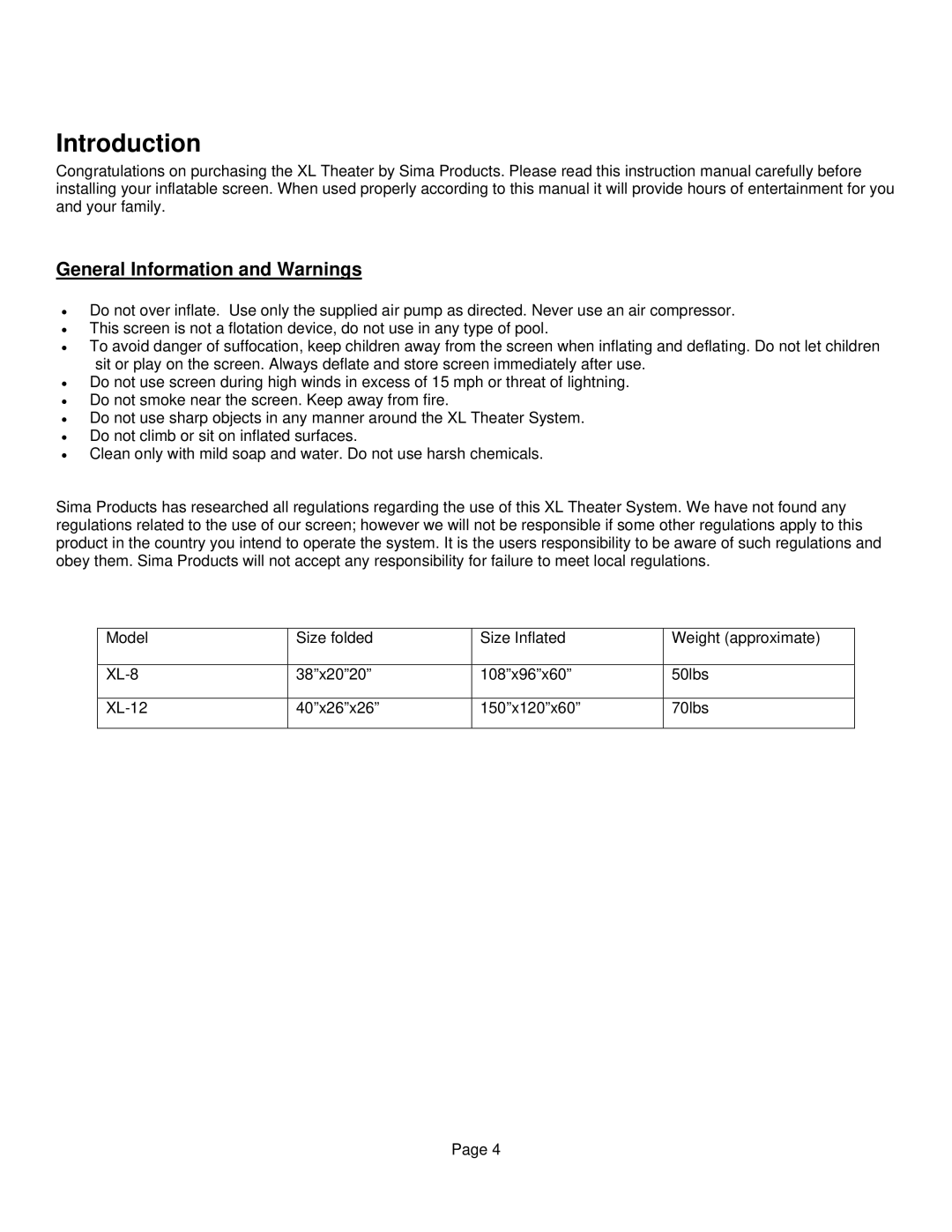 Sima Products XL-12, XL-8 user manual Introduction, General Information and Warnings 