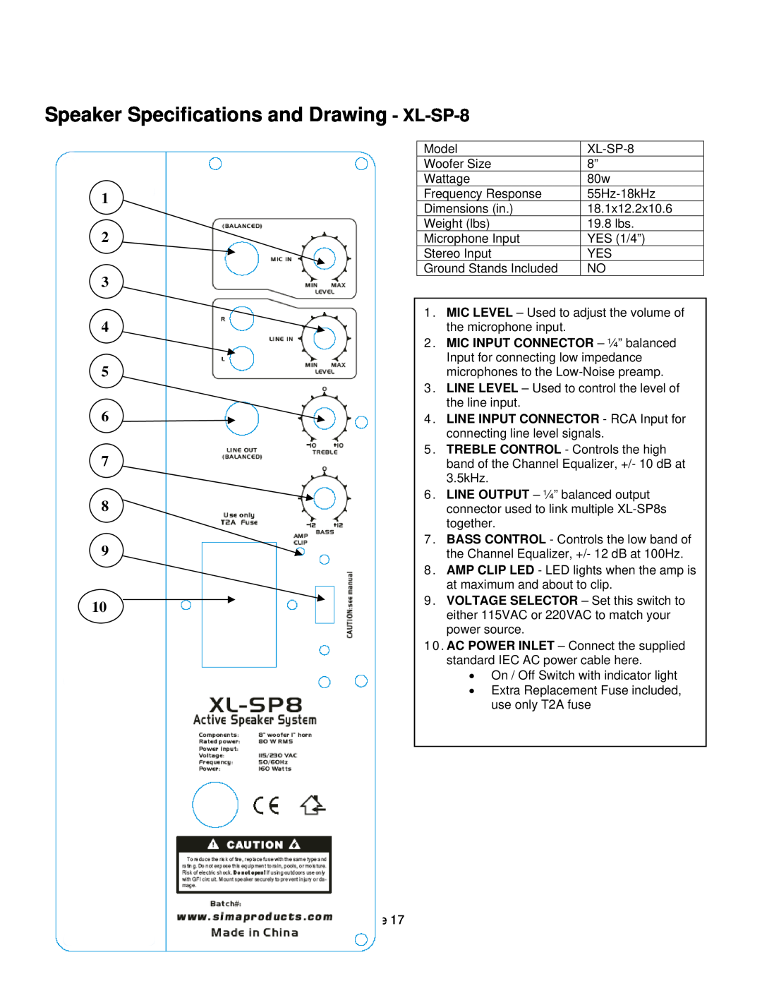 Sima Products XL-8, XL-12 user manual Speaker Specifications and Drawing - XL-SP-8, 1 2 3 4 5 