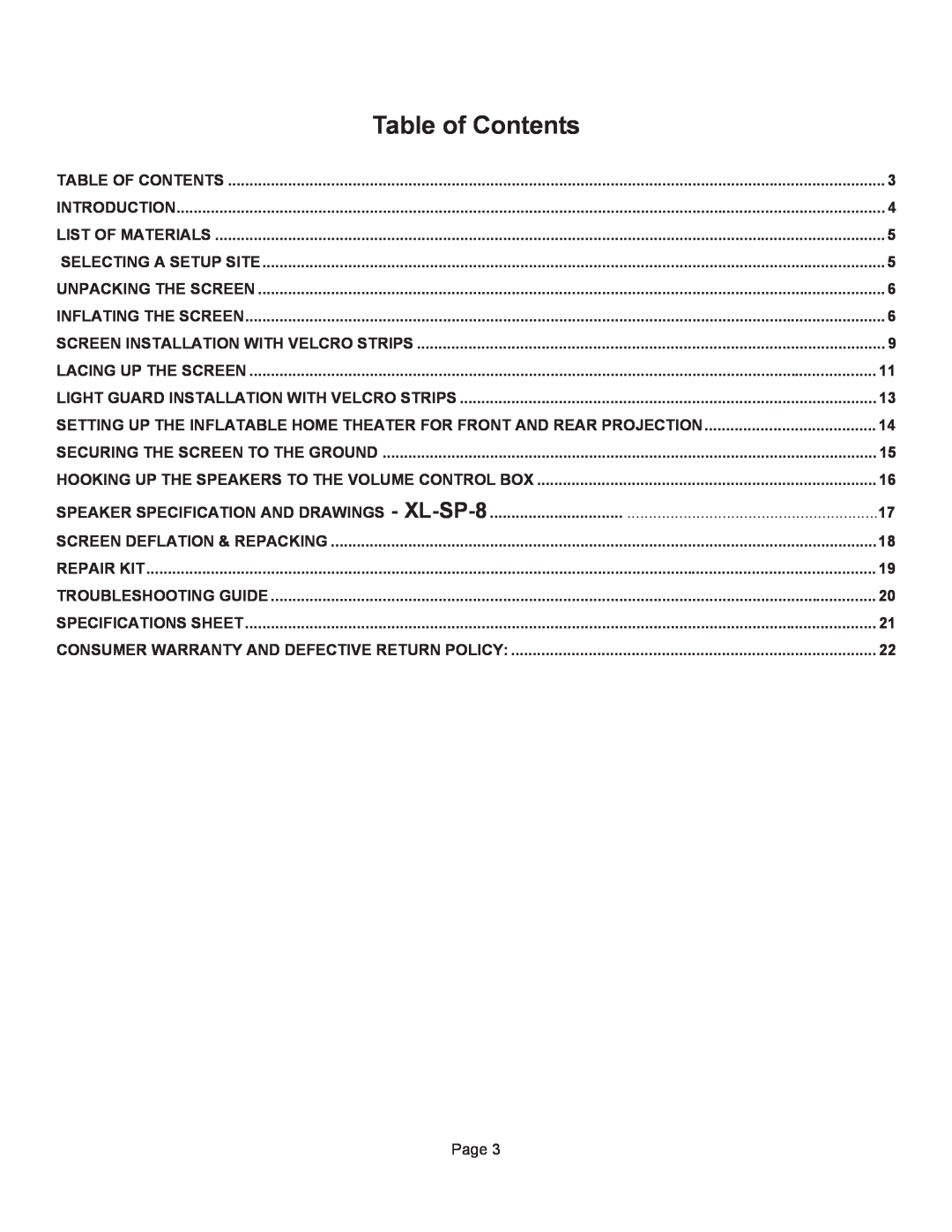 Sima Products XL-8, XL-12 user manual Table of Contents, Page 