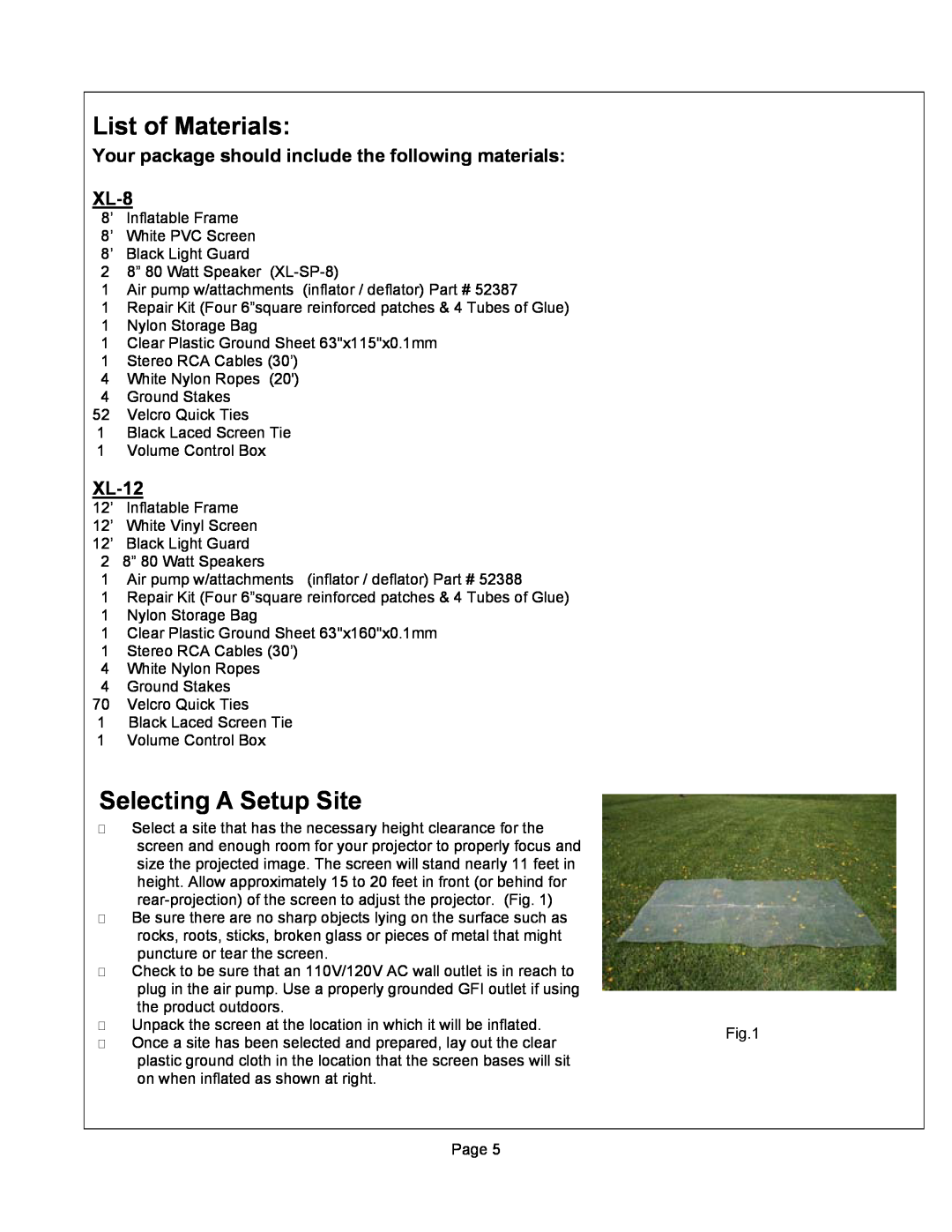 Sima Products XL-8 user manual List of Materials, Selecting A Setup Site, XL-12 