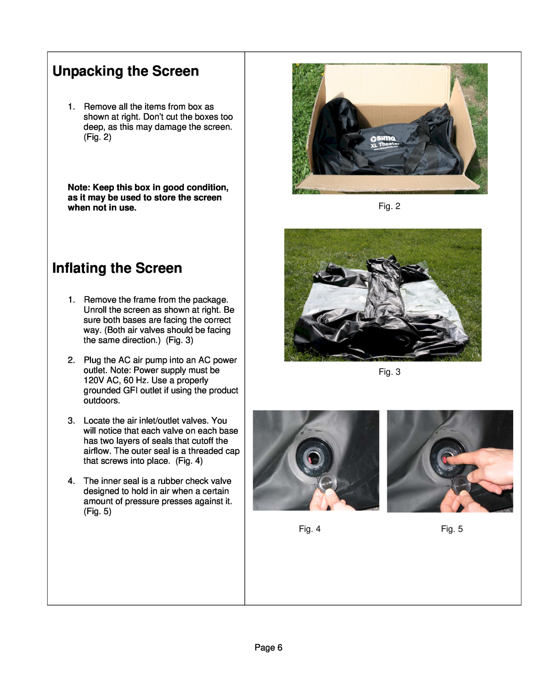 Sima Products XL-12, XL-8 user manual Unpacking the Screen, Inflating the Screen 
