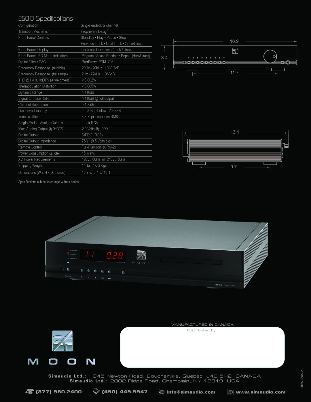 Simaudio manual 260D Specifications 