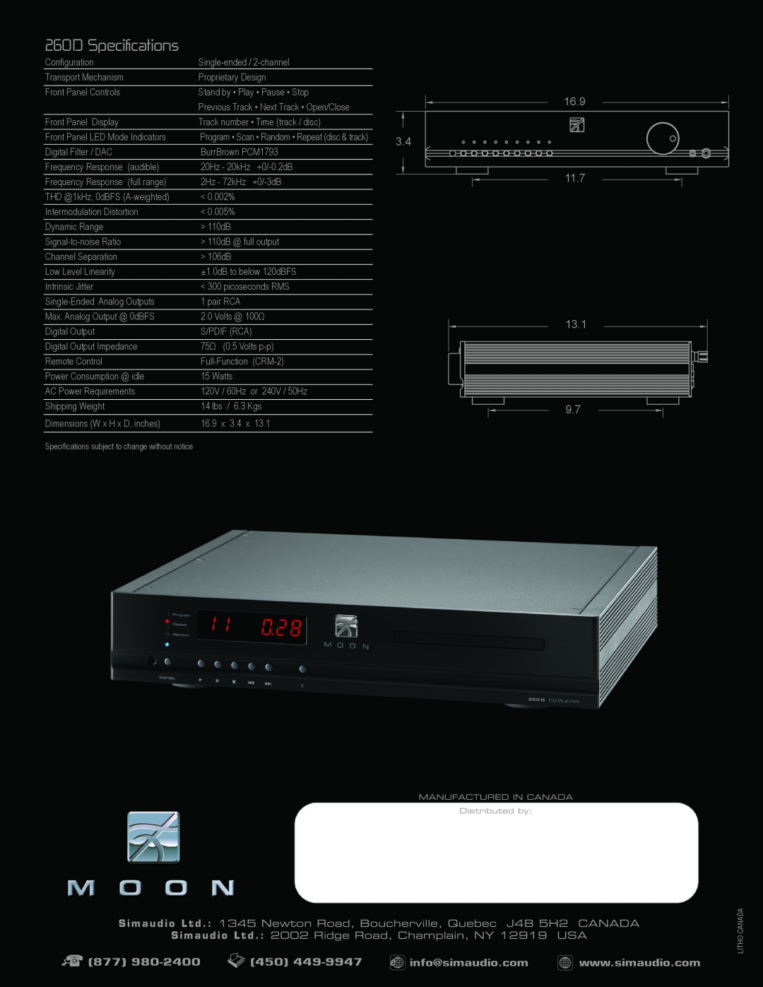 Simaudio manual 260D Specifications, 16.9 