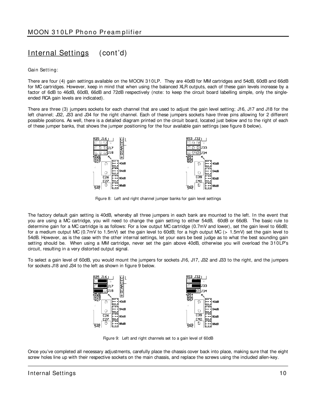 Simaudio 310 LP owner manual Gain Setting, Left and right channel jumper banks for gain level settings 