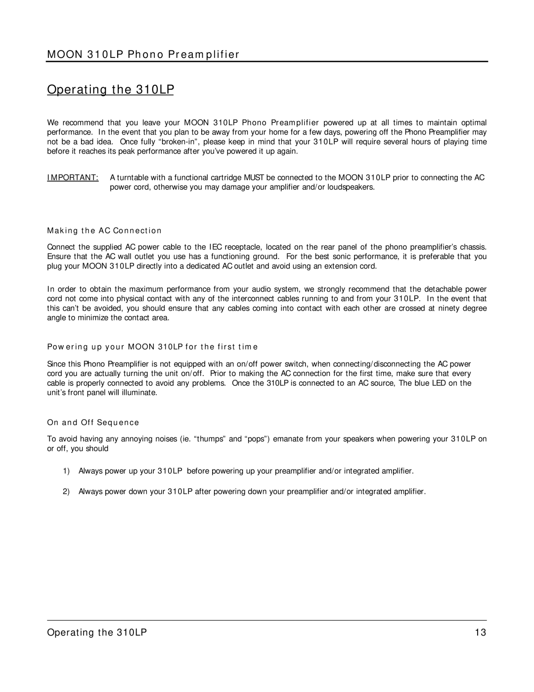 Simaudio 310 LP owner manual Operating the 310LP, Making the AC Connection 