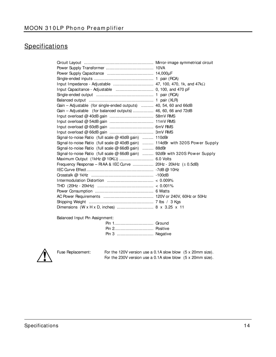 Simaudio 310 LP owner manual Specifications, 92dBr with 320S Power Supply 