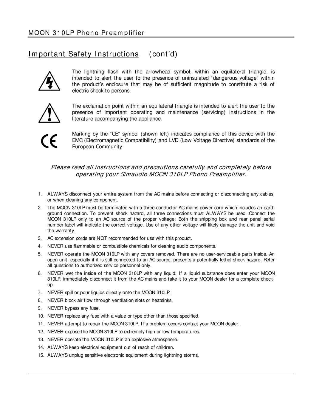 Simaudio 310 LP owner manual Important Safety Instructions cont’d 