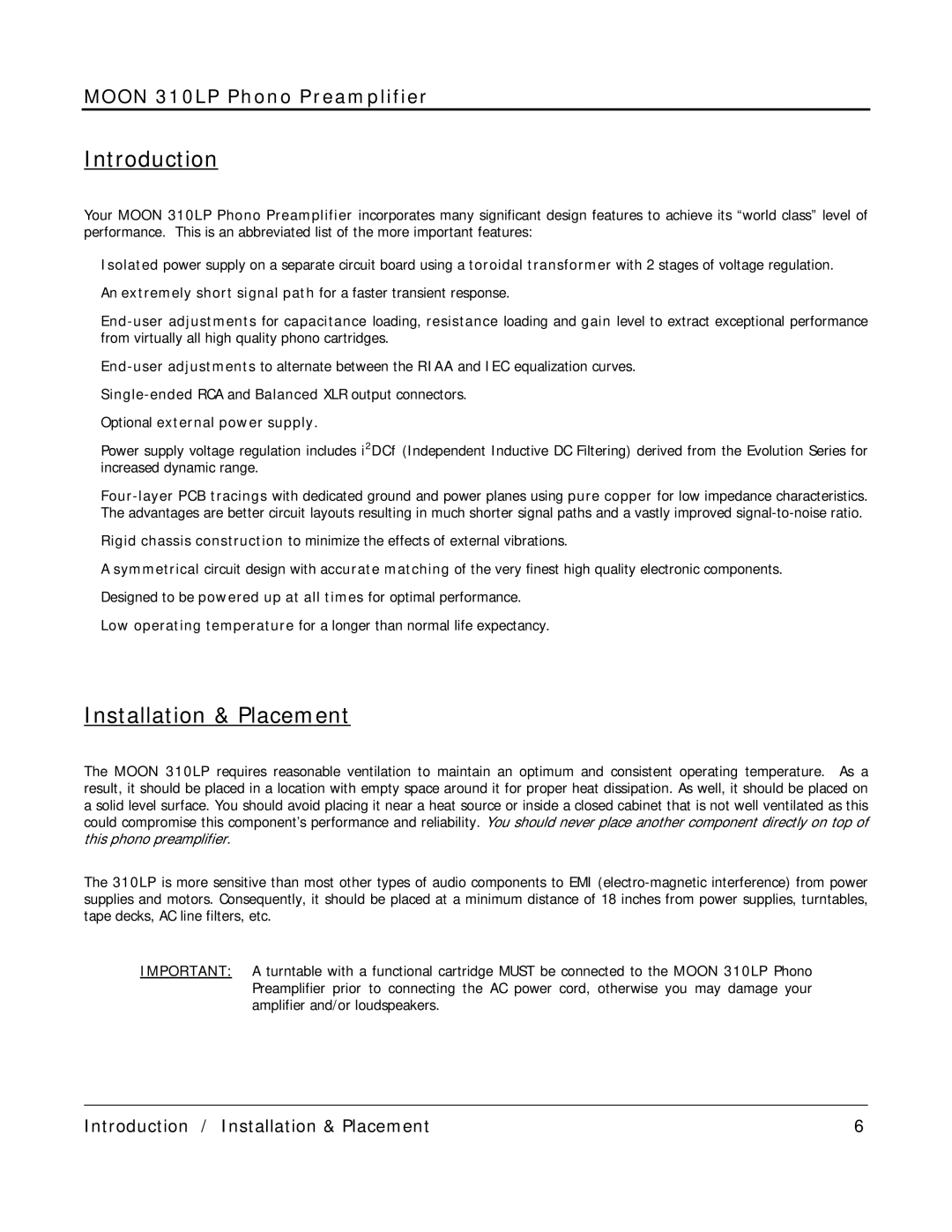 Simaudio 310 LP owner manual Introduction, Installation & Placement, Optional external power supply 