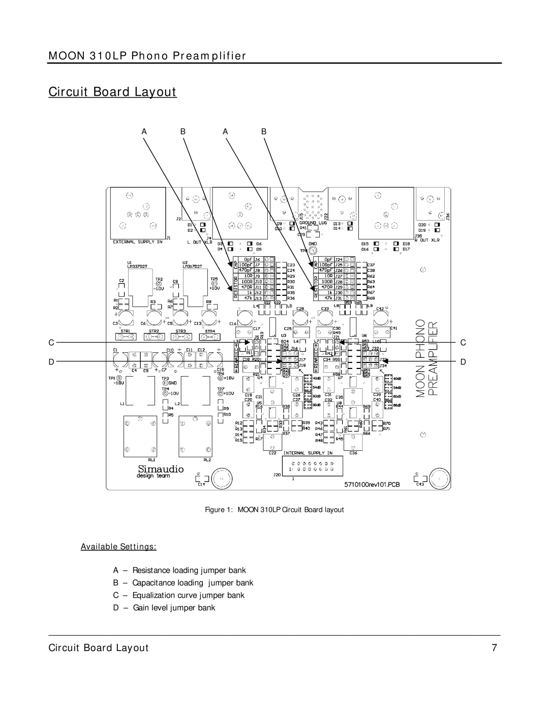 Simaudio 310 LP owner manual Circuit Board Layout, Available Settings 