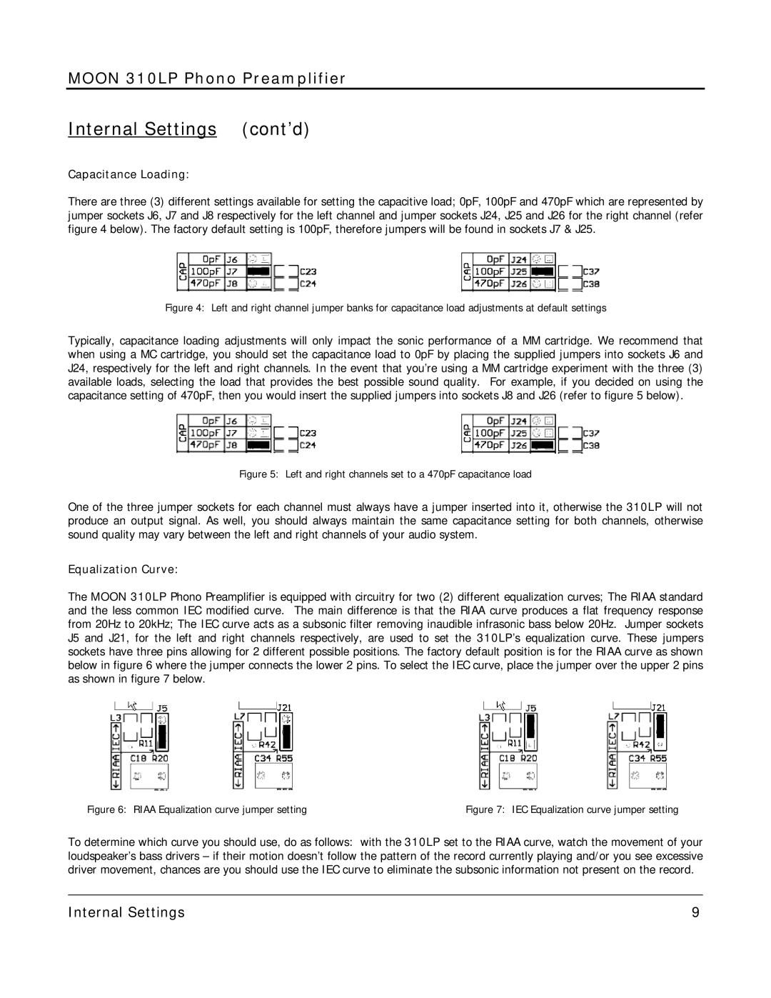 Simaudio 310 LP owner manual Internal Settings cont’d, Capacitance Loading, Equalization Curve 