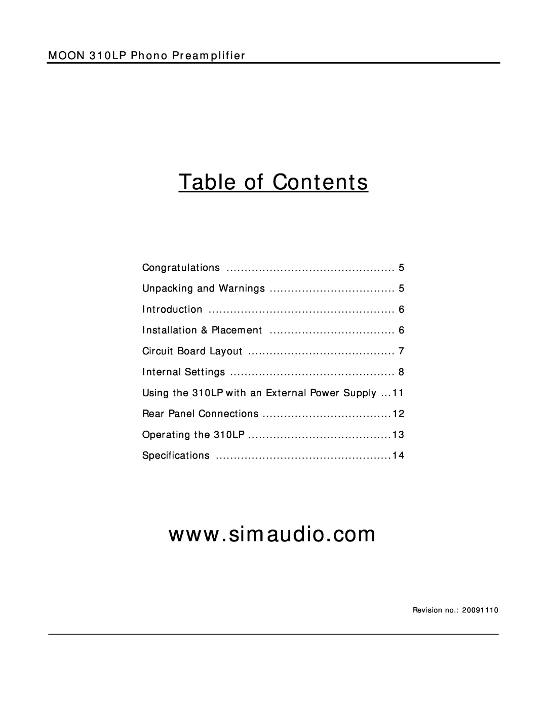 Simaudio 310 LP owner manual Table of Contents, MOON 310LP Phono Preamplifier 