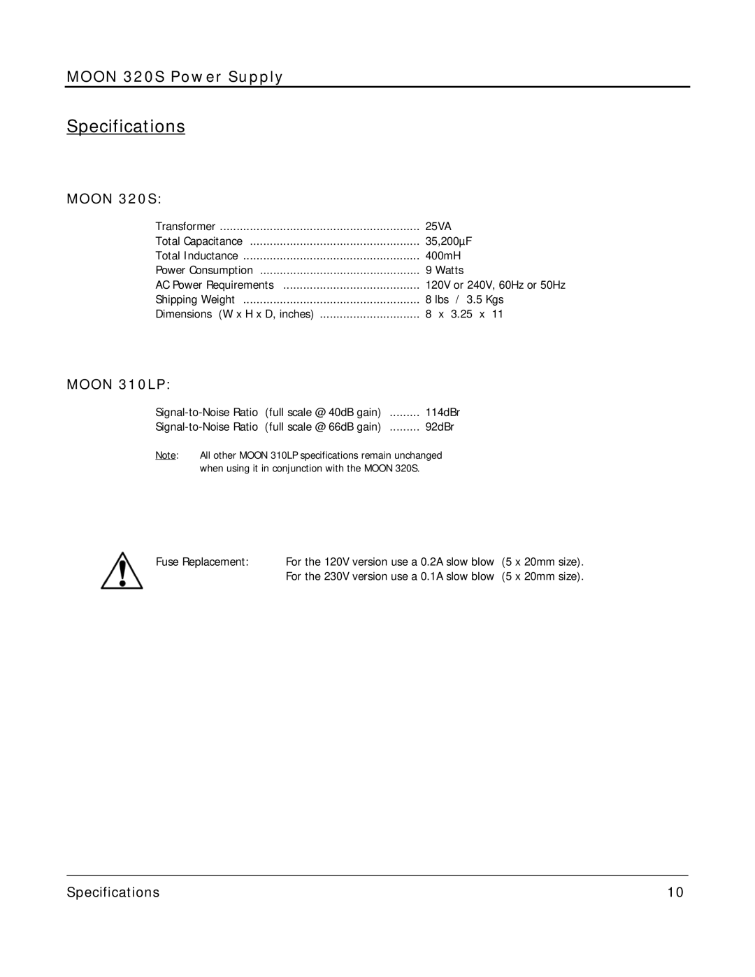 Simaudio 320 S owner manual Specifications, Moon 320S 