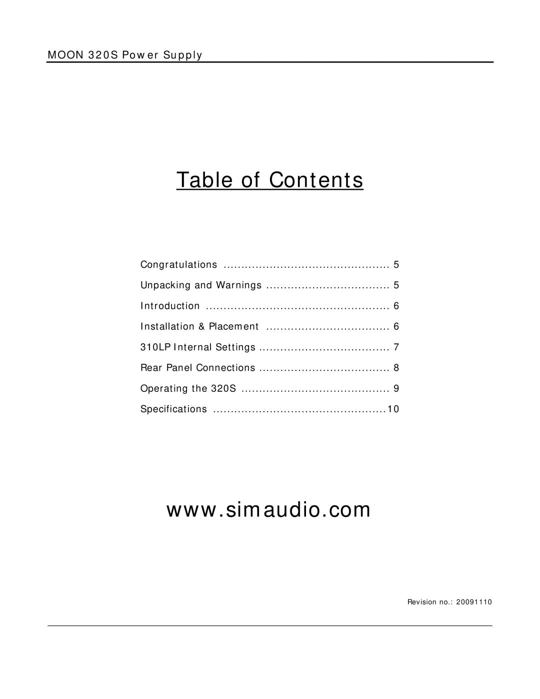 Simaudio 320 S owner manual Table of Contents 