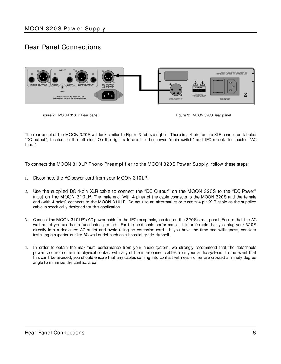 Simaudio 320 S owner manual Rear Panel Connections, Disconnect the AC power cord from your Moon 310LP 