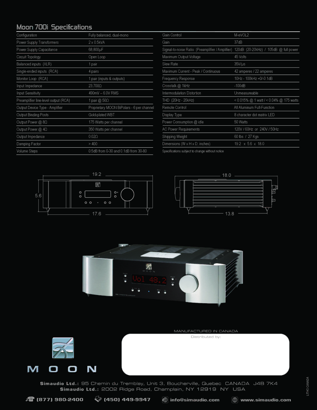 Simaudio 700I manual Moon 700i Specifications 