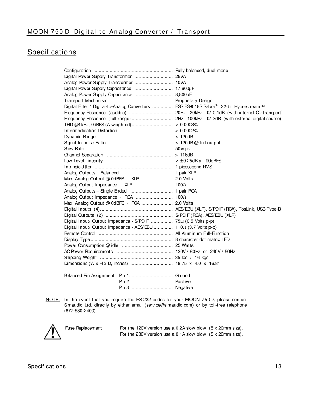 Simaudio 750 D owner manual Specifications, Xlr 