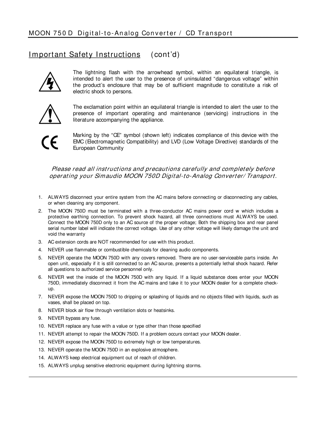 Simaudio 750 D owner manual Important Safety Instructions cont’d 