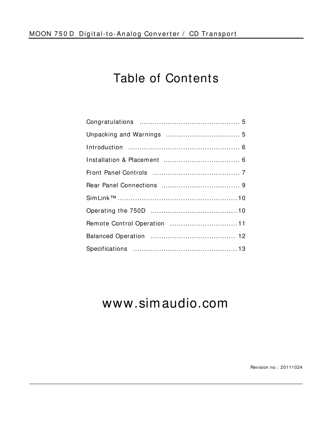 Simaudio 750 D owner manual Table of Contents 