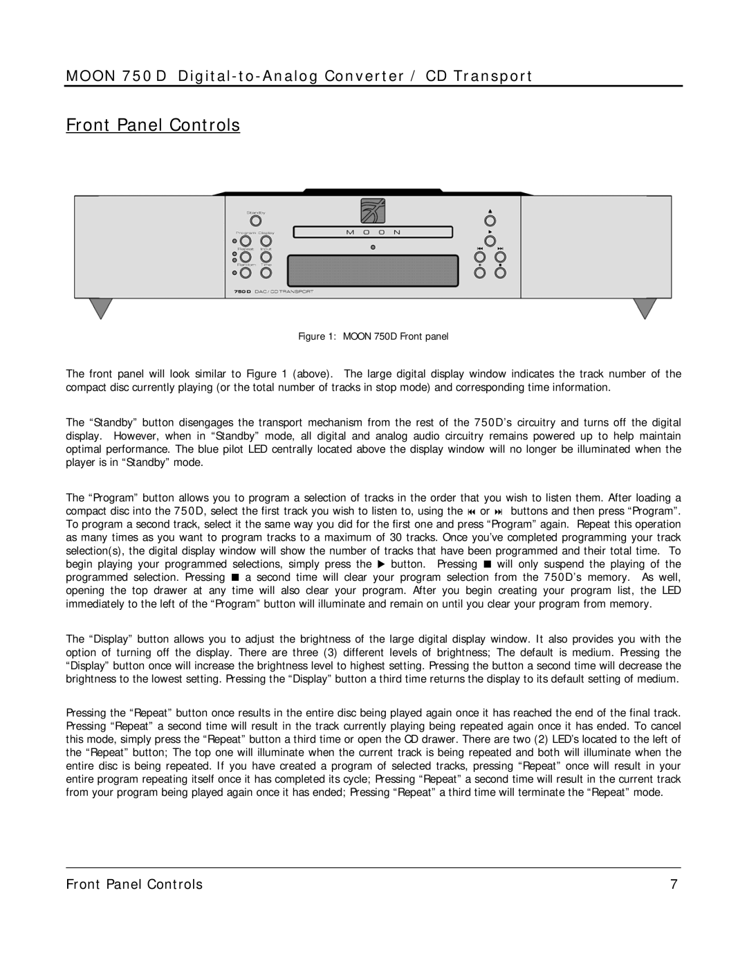 Simaudio 750 D owner manual Front Panel Controls, Moon 750D Front panel 