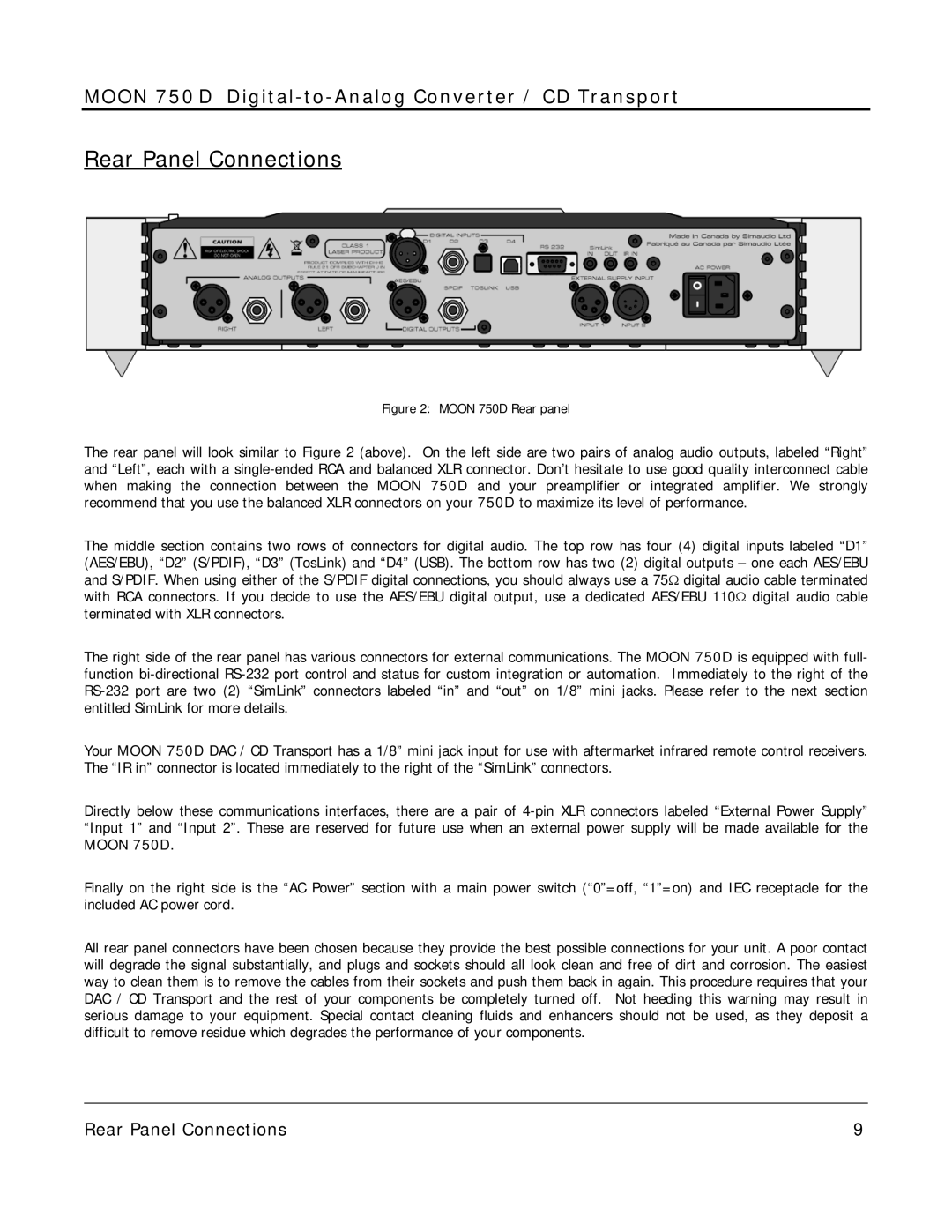 Simaudio 750 D owner manual Rear Panel Connections, Moon 750D 