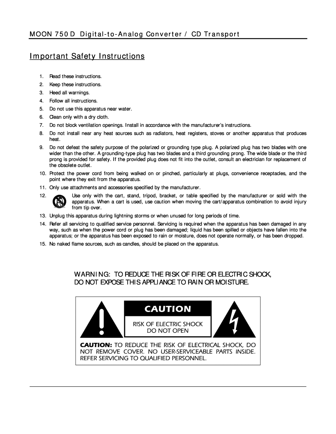 Simaudio owner manual Important Safety Instructions, MOON 750 D Digital-to-Analog Converter / CD Transport 