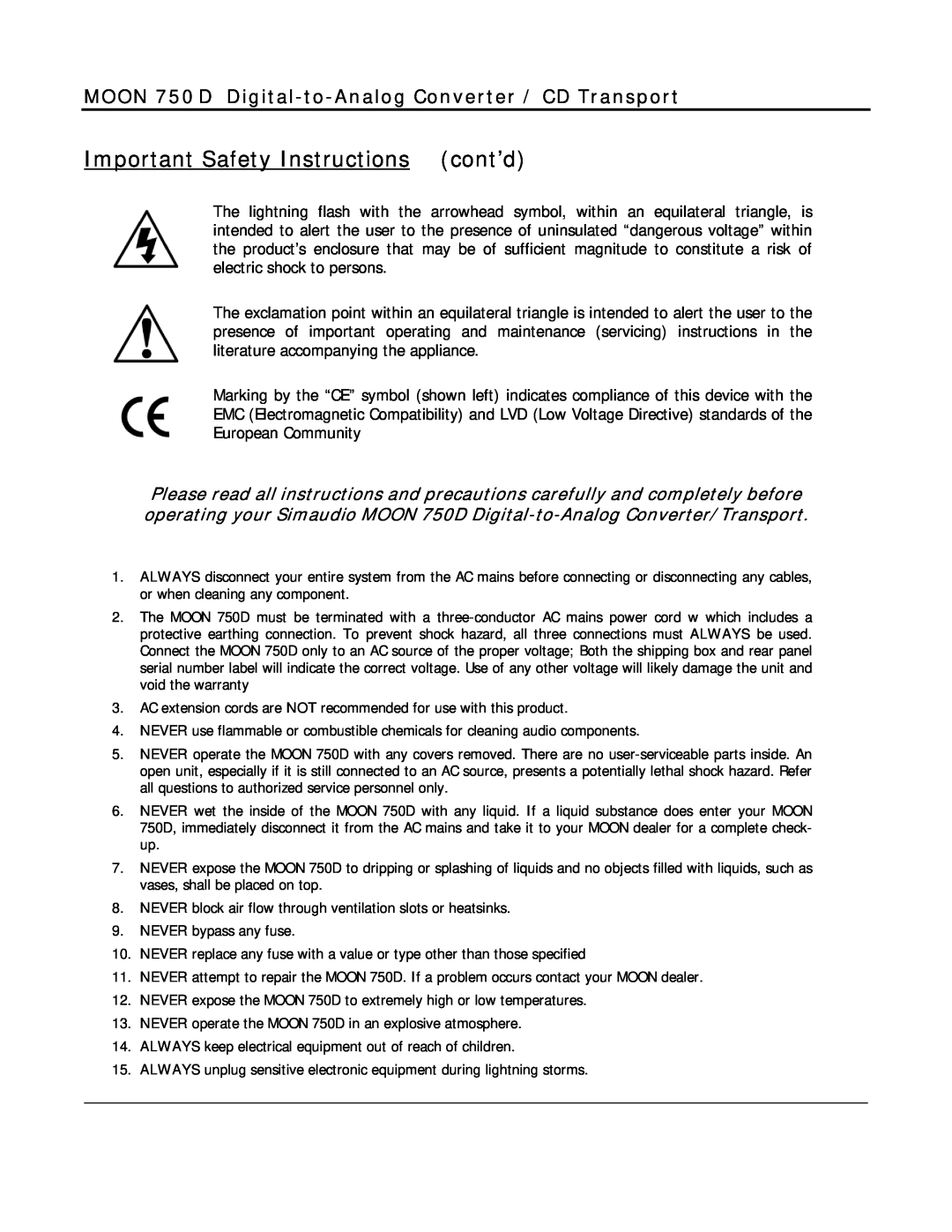Simaudio owner manual Important Safety Instructions cont’d, MOON 750 D Digital-to-Analog Converter / CD Transport 