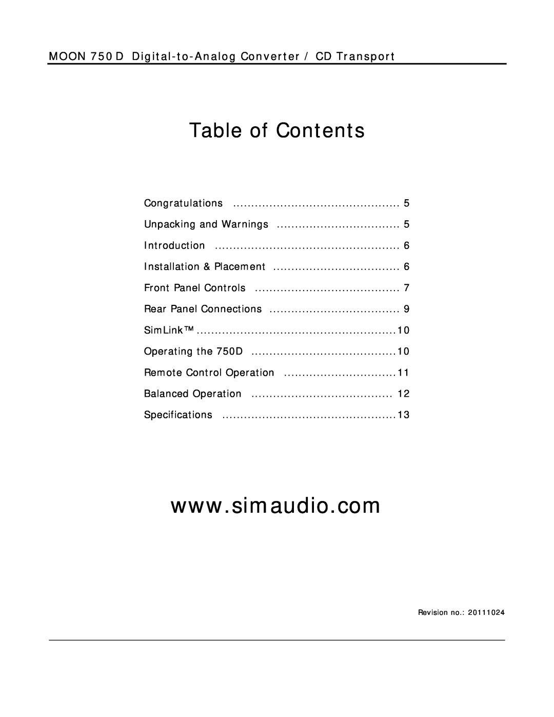 Simaudio owner manual Table of Contents, MOON 750 D Digital-to-Analog Converter / CD Transport 