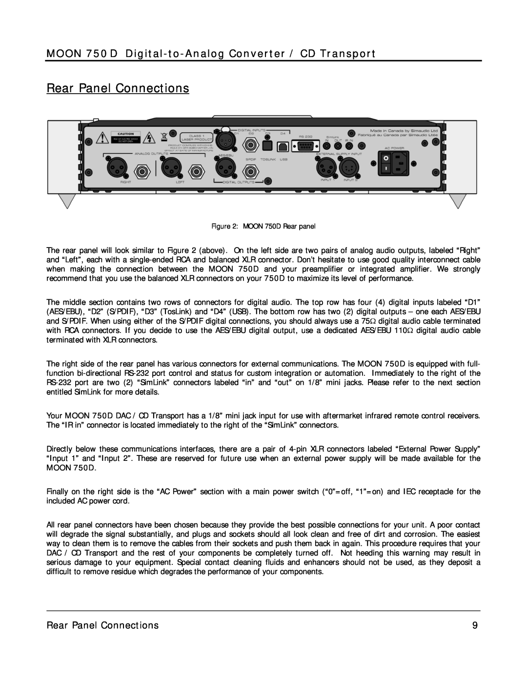 Simaudio owner manual Rear Panel Connections, MOON 750 D Digital-to-Analog Converter / CD Transport, MOON 750D 