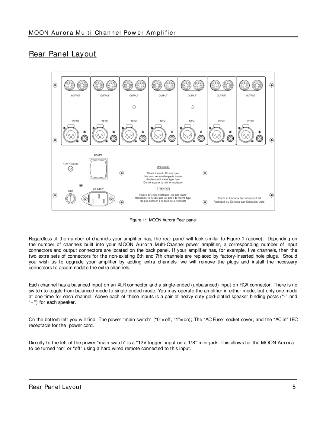 Simaudio AURORA owner manual Rear Panel Layout, Moon Aurora Rear panel 