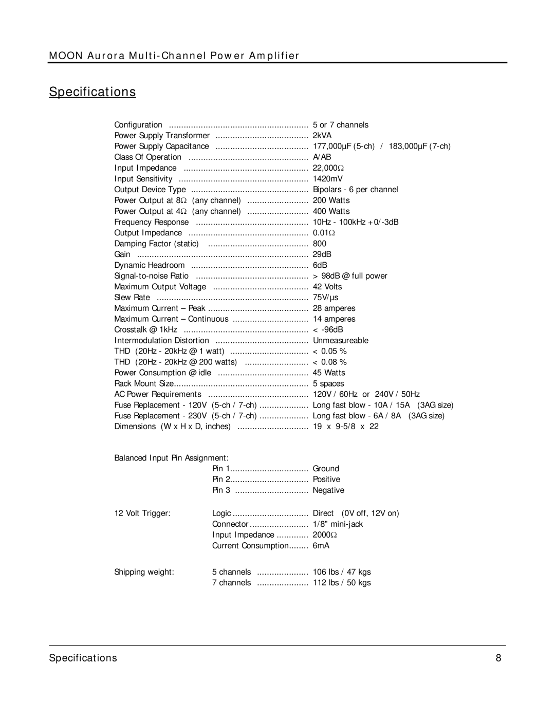 Simaudio AURORA owner manual Specifications 