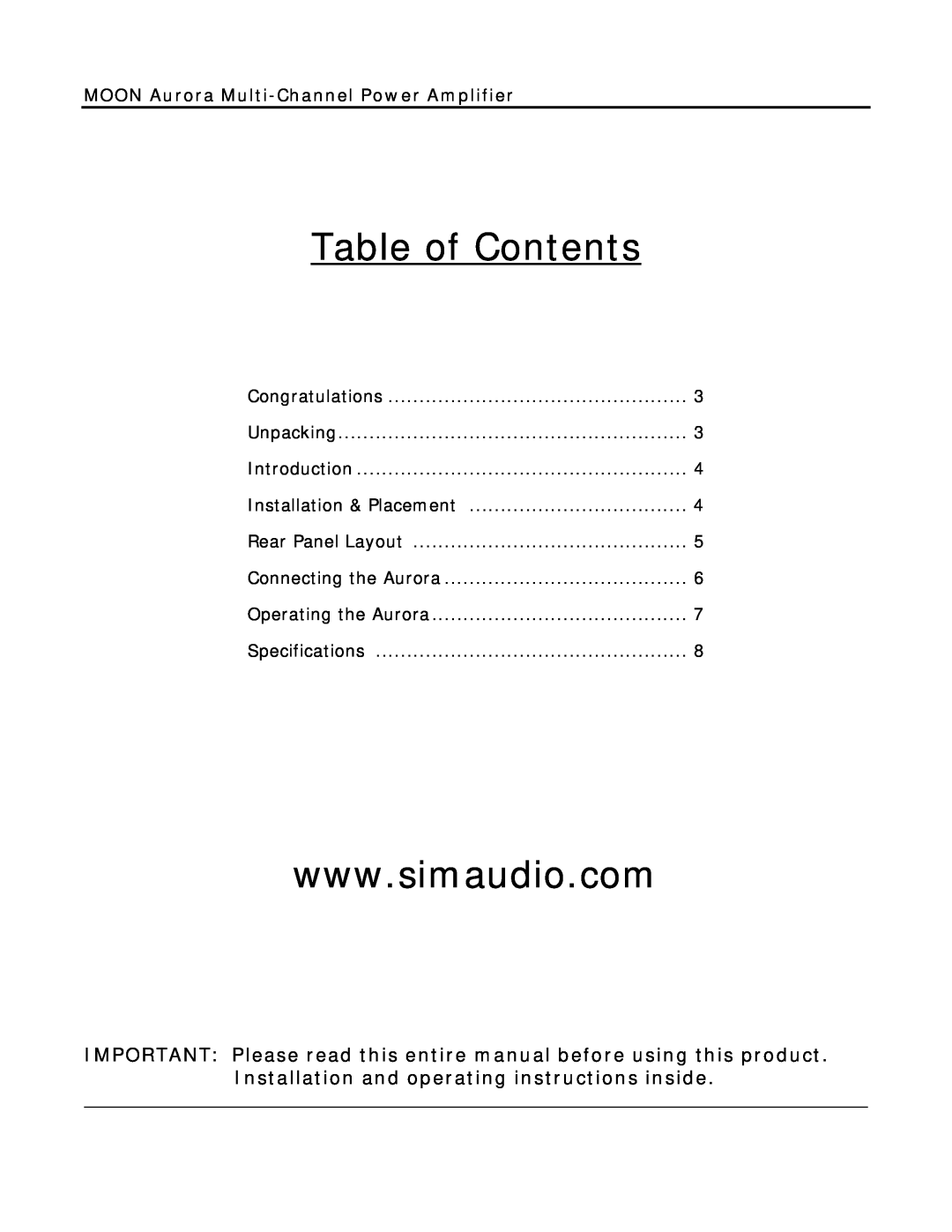 Simaudio AURORA owner manual Table of Contents, MOON Aurora Multi-ChannelPower Amplifier 