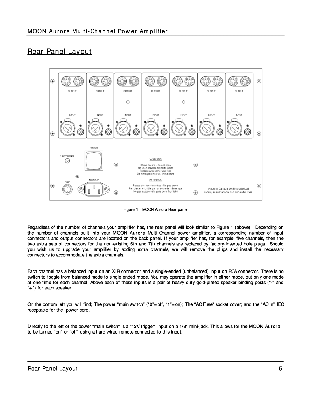 Simaudio AURORA owner manual Rear Panel Layout, MOON Aurora Multi-ChannelPower Amplifier, MOON Aurora Rear panel 