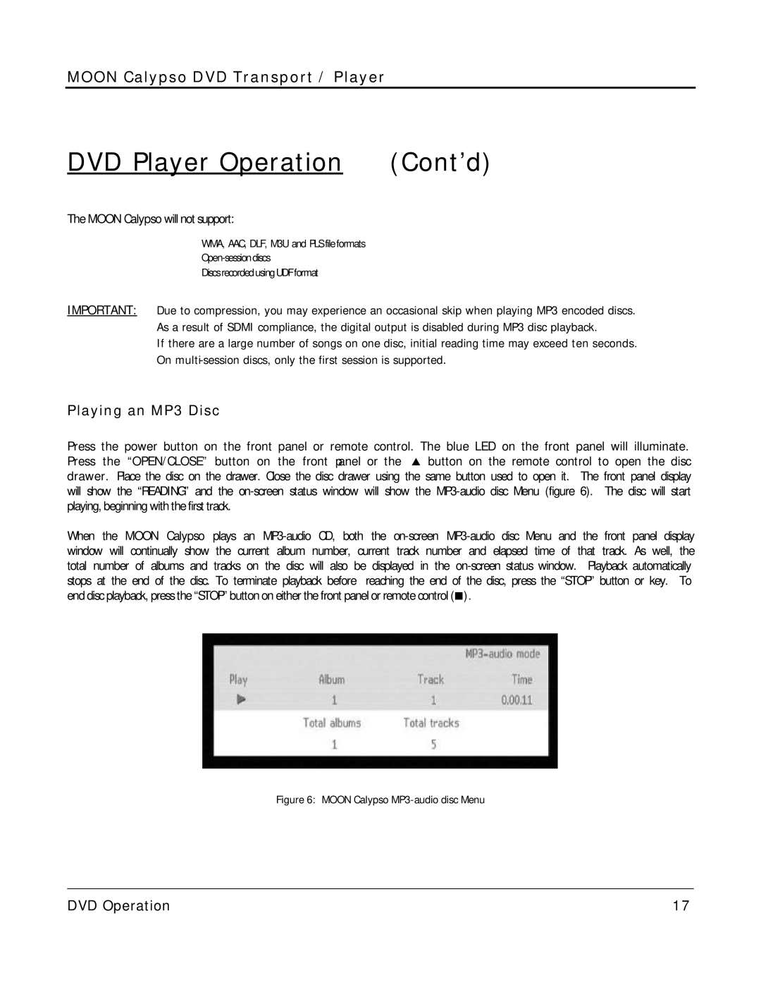 Simaudio owner manual Playing an MP3 Disc, Moon Calypso will not support 