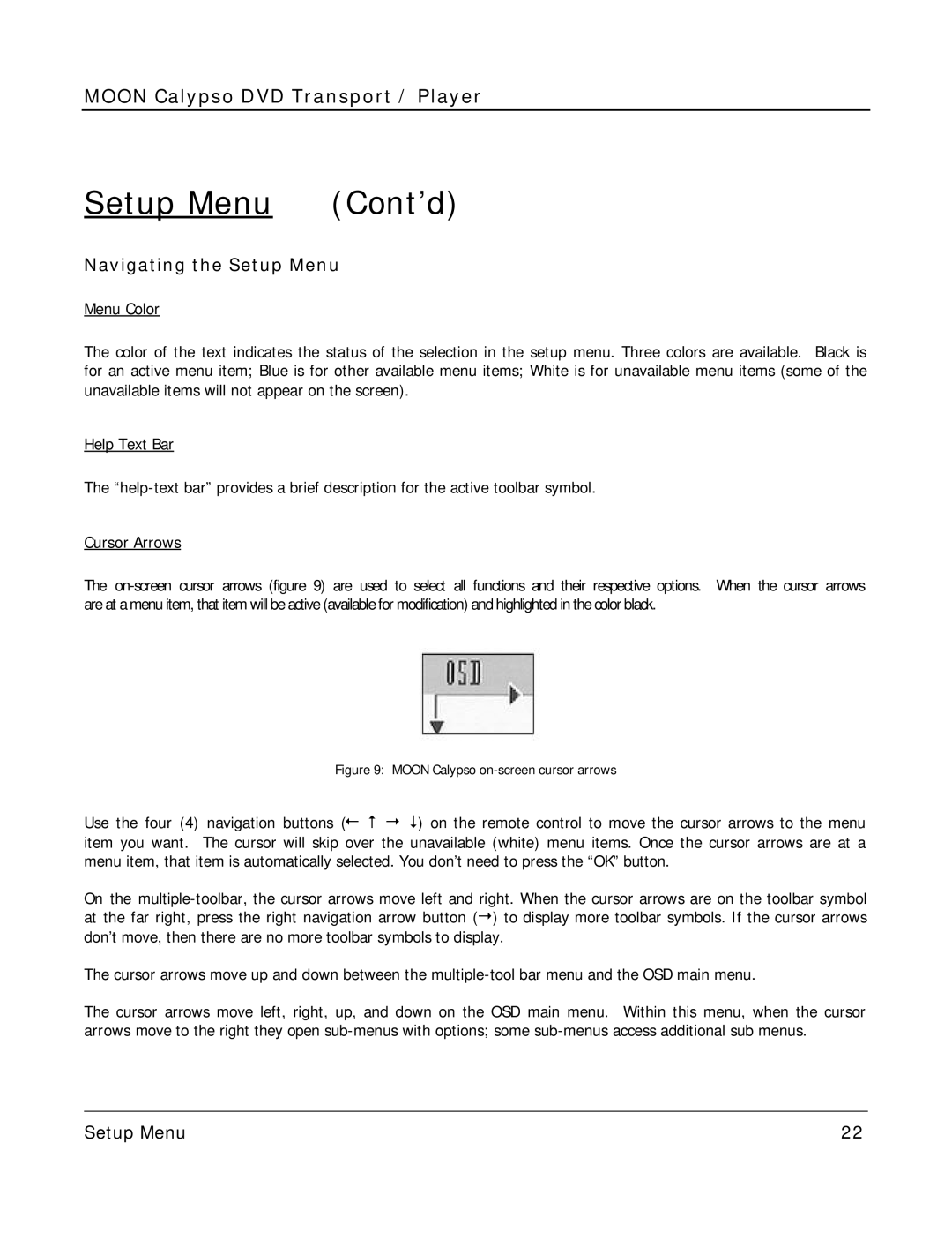 Simaudio owner manual Navigating the Setup Menu, Moon Calypso on-screen cursor arrows 