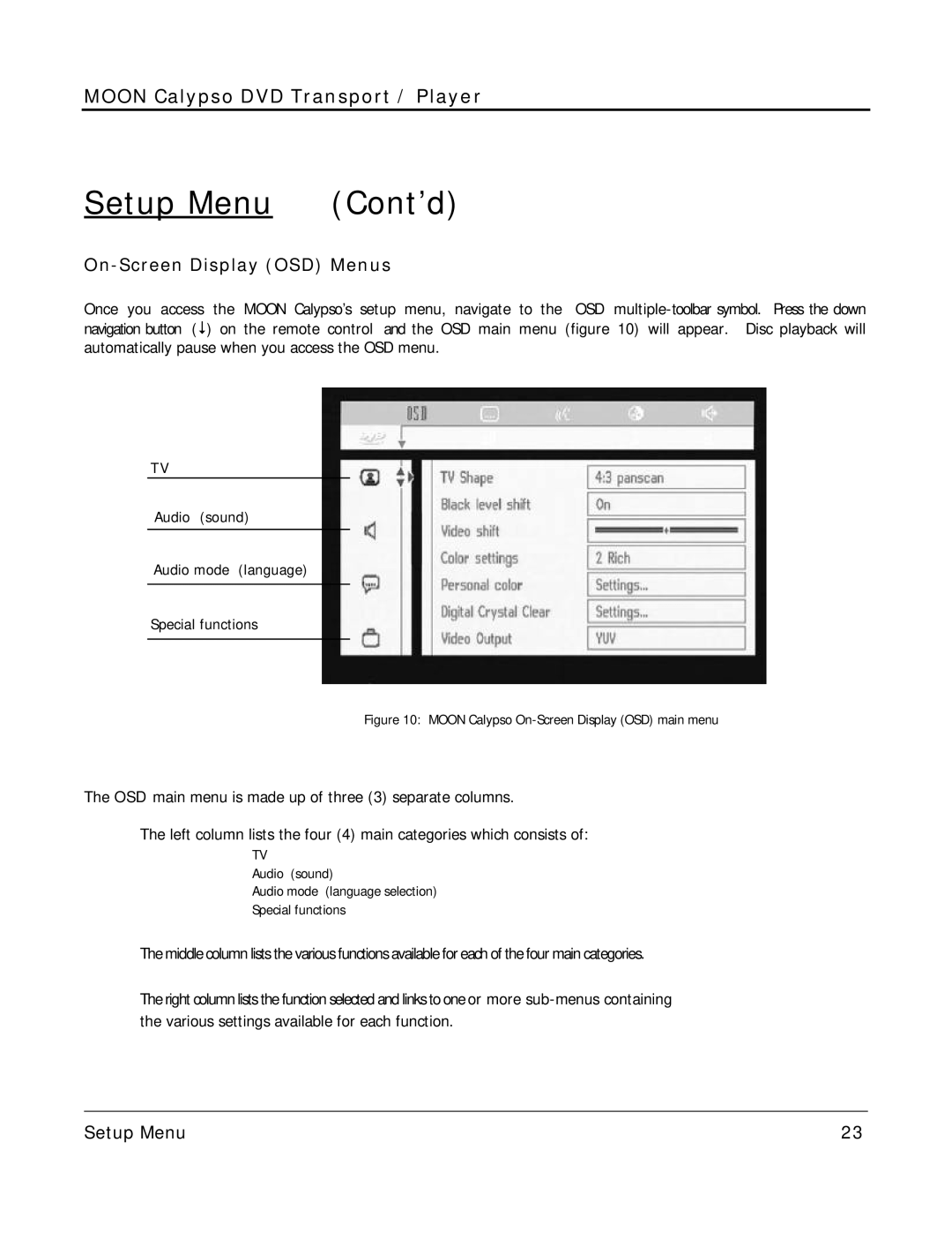 Simaudio Calypso owner manual On-Screen Display OSD Menus, Will appear. Disc playback will 