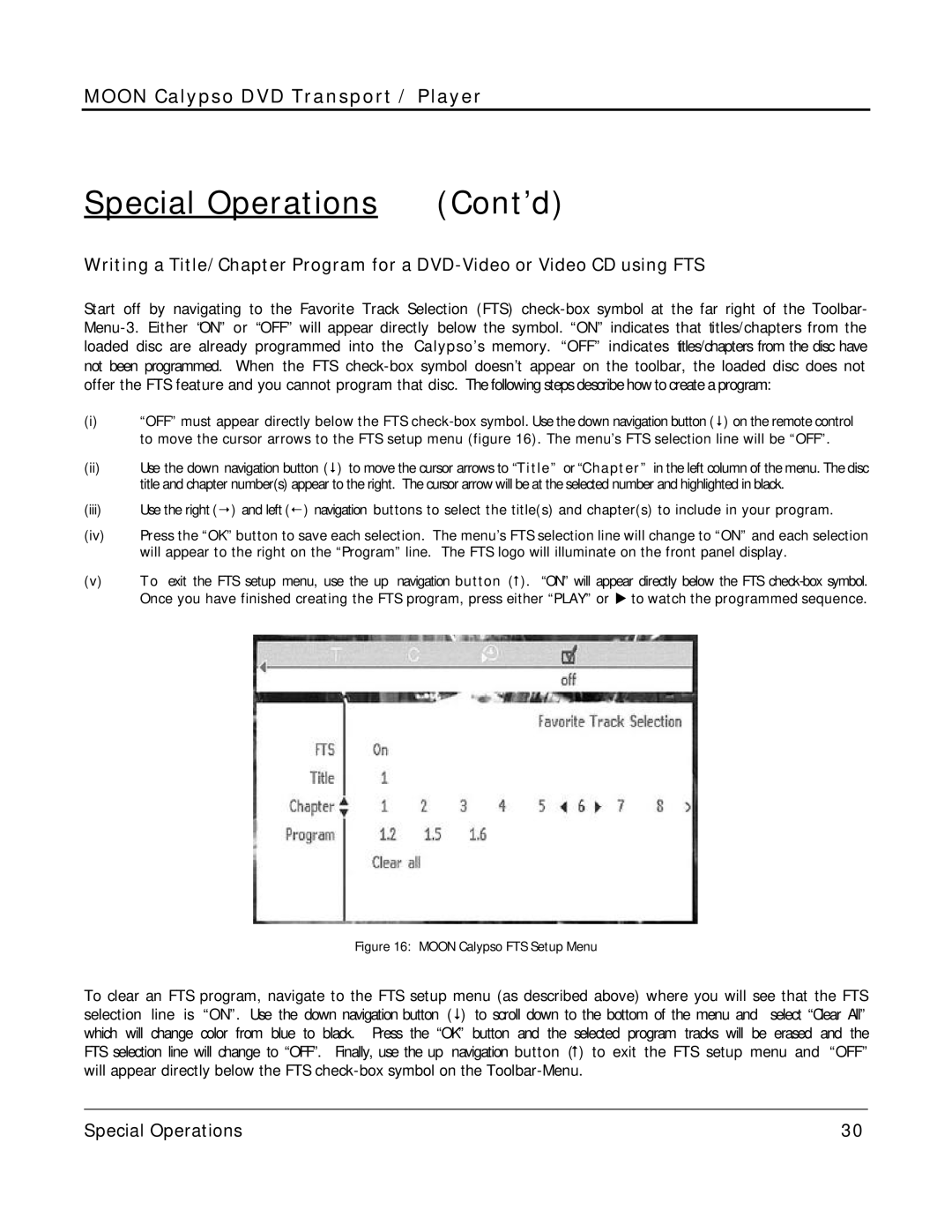 Simaudio owner manual Special Operations Cont’d, Moon Calypso FTS Setup Menu 