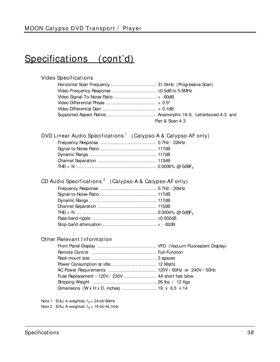 Simaudio Specifications Cont’d, Video Specifications, DVD Linear Audio Specifications Calypso-A & Calypso-AF only 