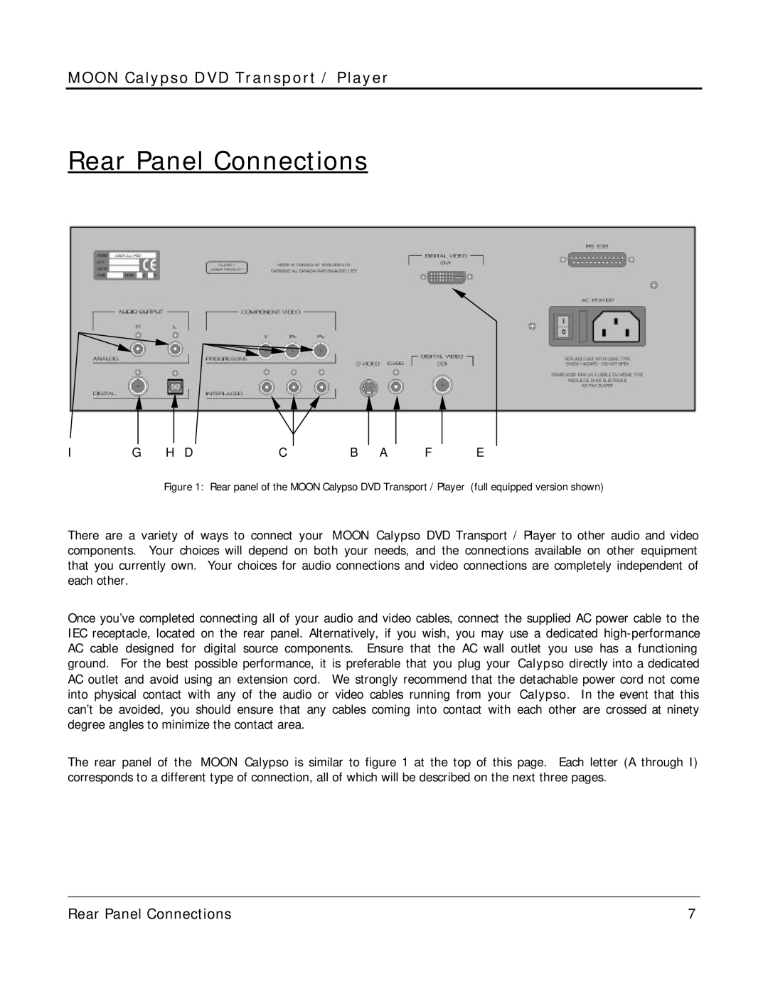 Simaudio Calypso owner manual Rear Panel Connections, IG H DCB a F E 