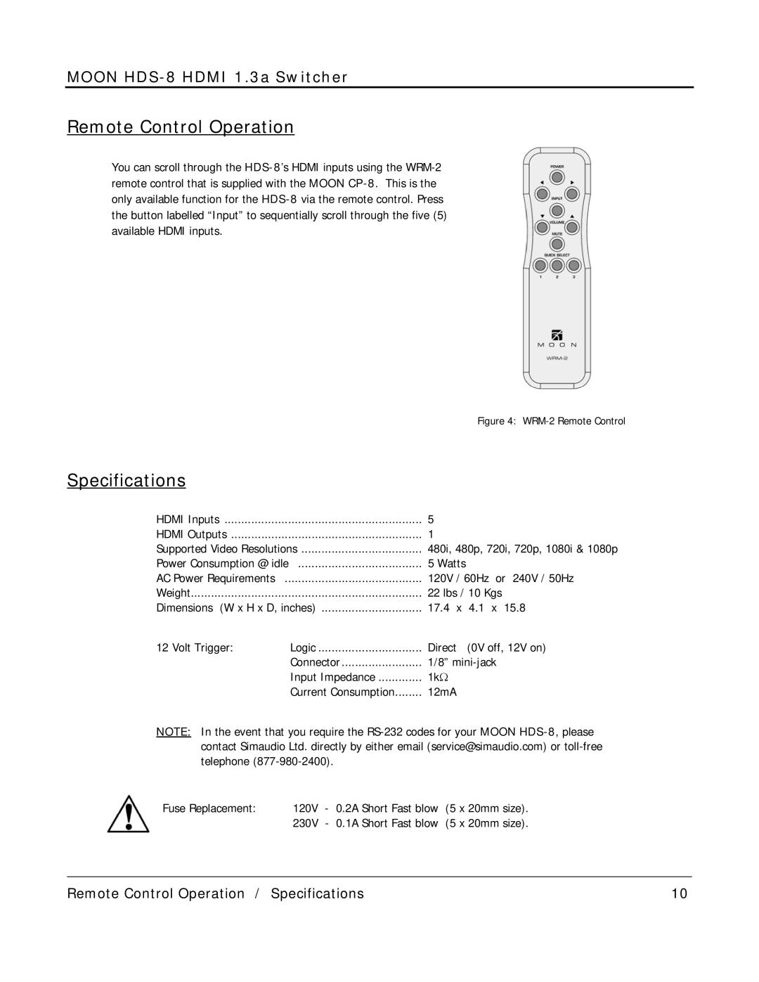 Simaudio HDS-8 owner manual Remote Control Operation, Specifications 