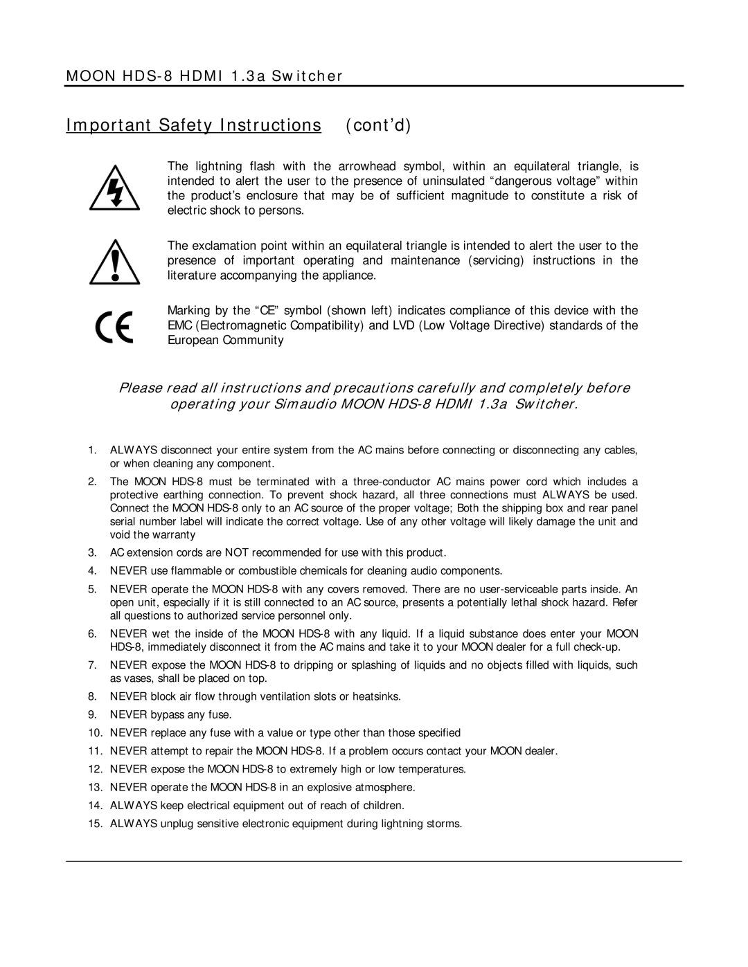 Simaudio HDS-8 owner manual Important Safety Instructions cont’d 