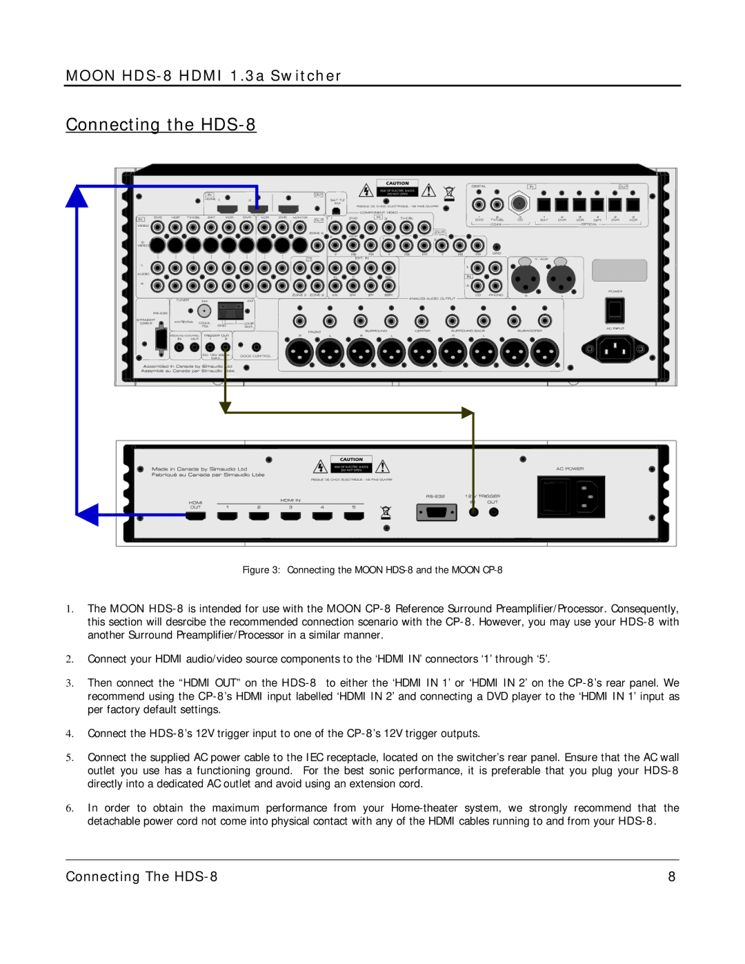 Simaudio owner manual Connecting the HDS-8, Connecting the Moon HDS-8 and the Moon CP-8 