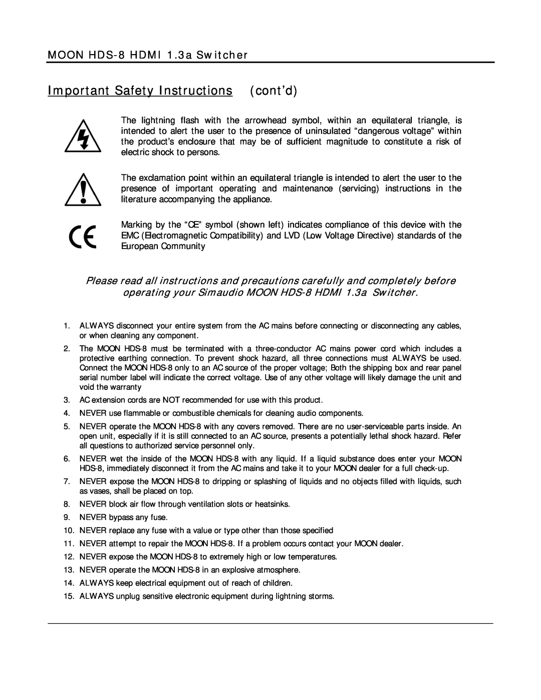 Simaudio owner manual Important Safety Instructions cont’d, MOON HDS-8 HDMI 1.3a Switcher 