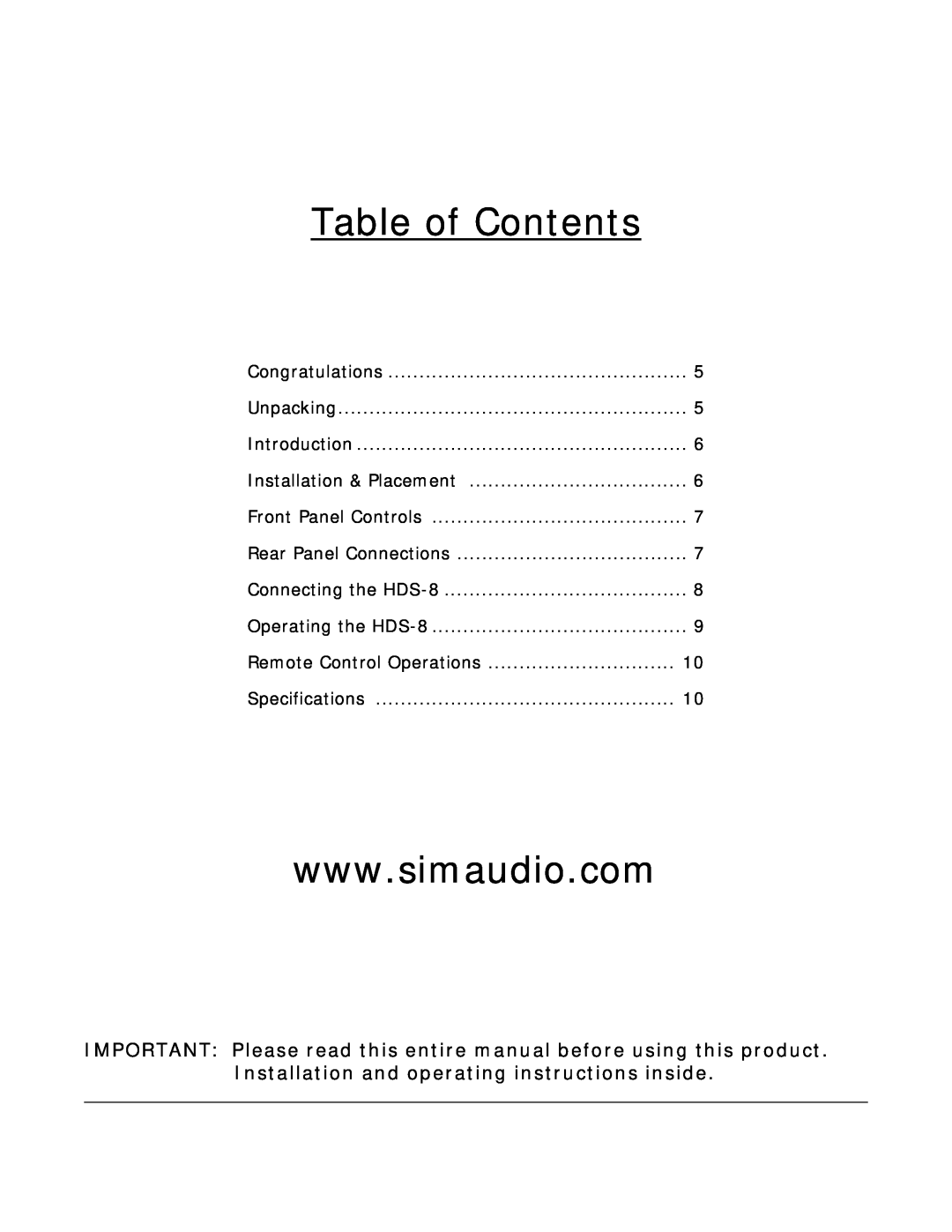 Simaudio HDS-8 owner manual Table of Contents 