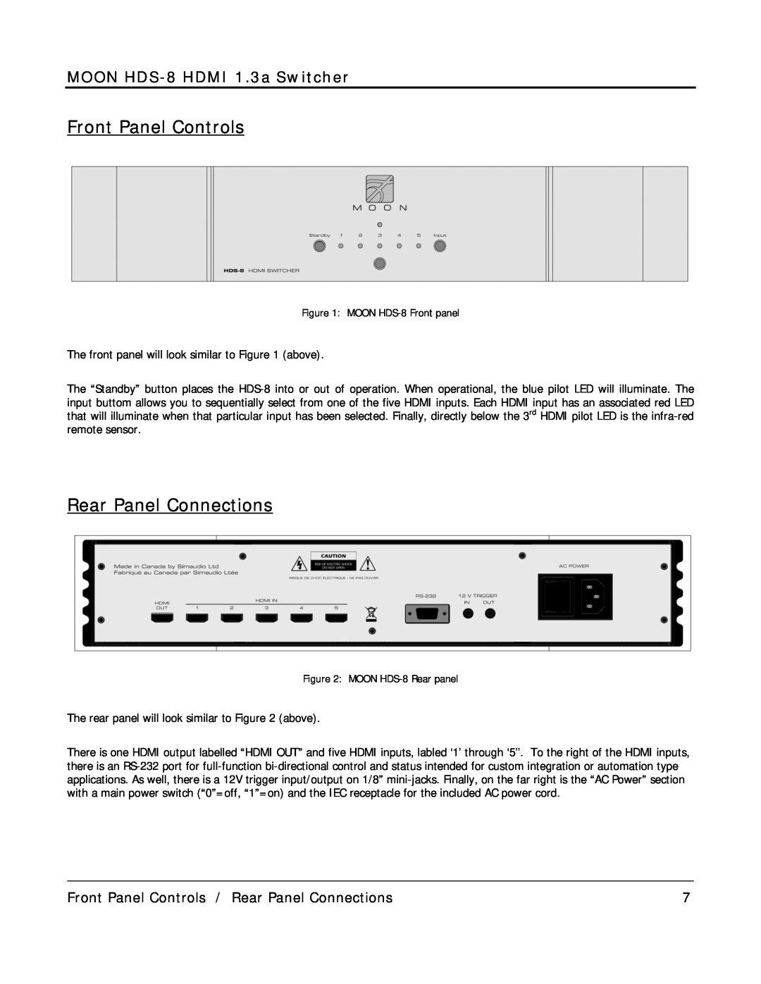 Simaudio owner manual Front Panel Controls, Rear Panel Connections, MOON HDS-8 HDMI 1.3a Switcher 