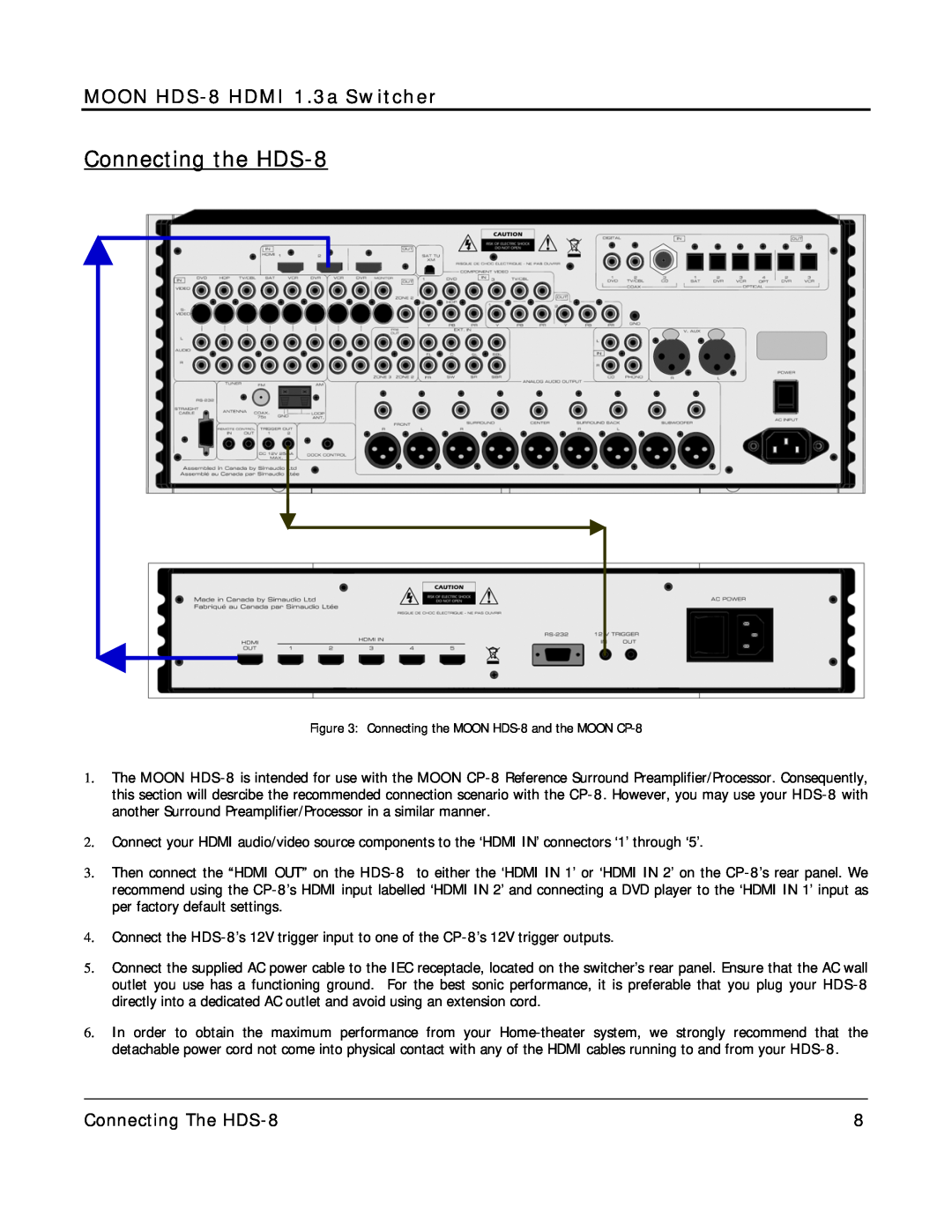 Simaudio owner manual Connecting the HDS-8, MOON HDS-8 HDMI 1.3a Switcher, Connecting The HDS-8 