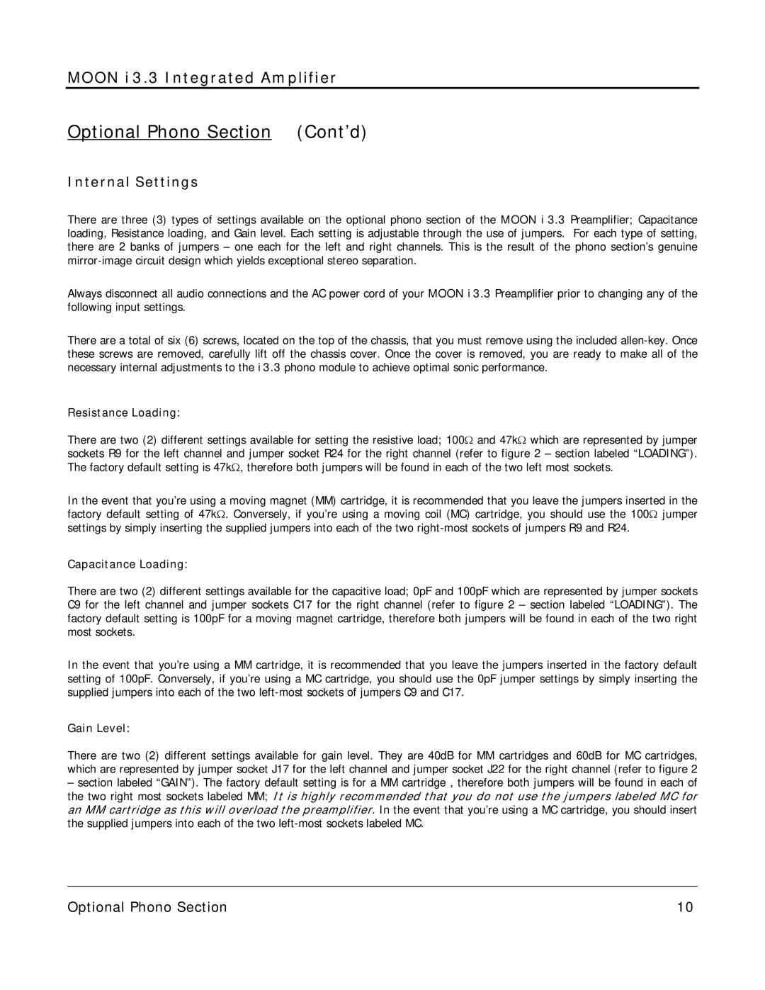 Simaudio i 3.3 owner manual Optional Phono Section Cont’d, Internal Settings 