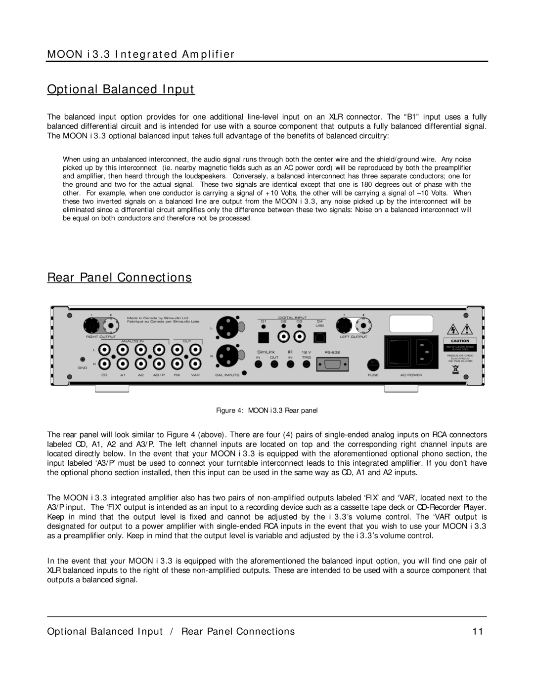 Simaudio i 3.3 owner manual Optional Balanced Input, Rear Panel Connections 